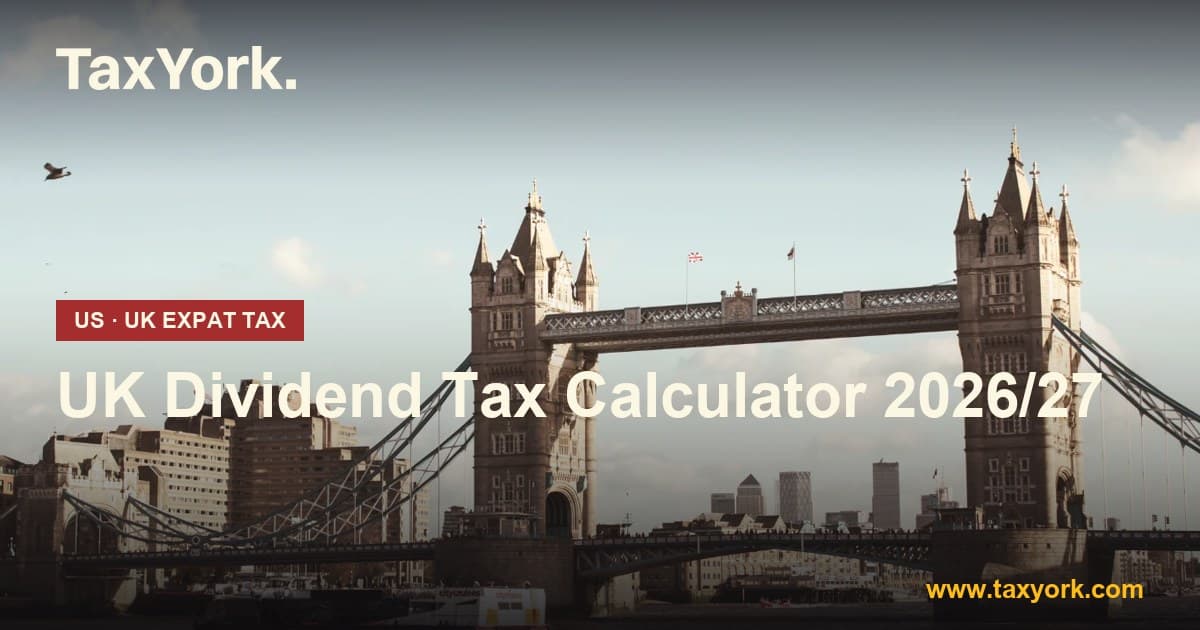 UK Dividend Tax Calculator 2026/27 showing dividend tax at 10.75%, 35.75% and 39.35% — TaxYork