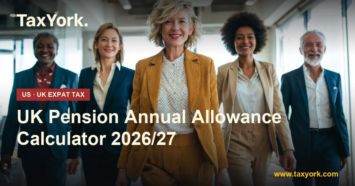 UK Pension Annual Allowance Calculator 2026/27 showing the tapered allowance, carry forward and annual allowance charge — TaxYork