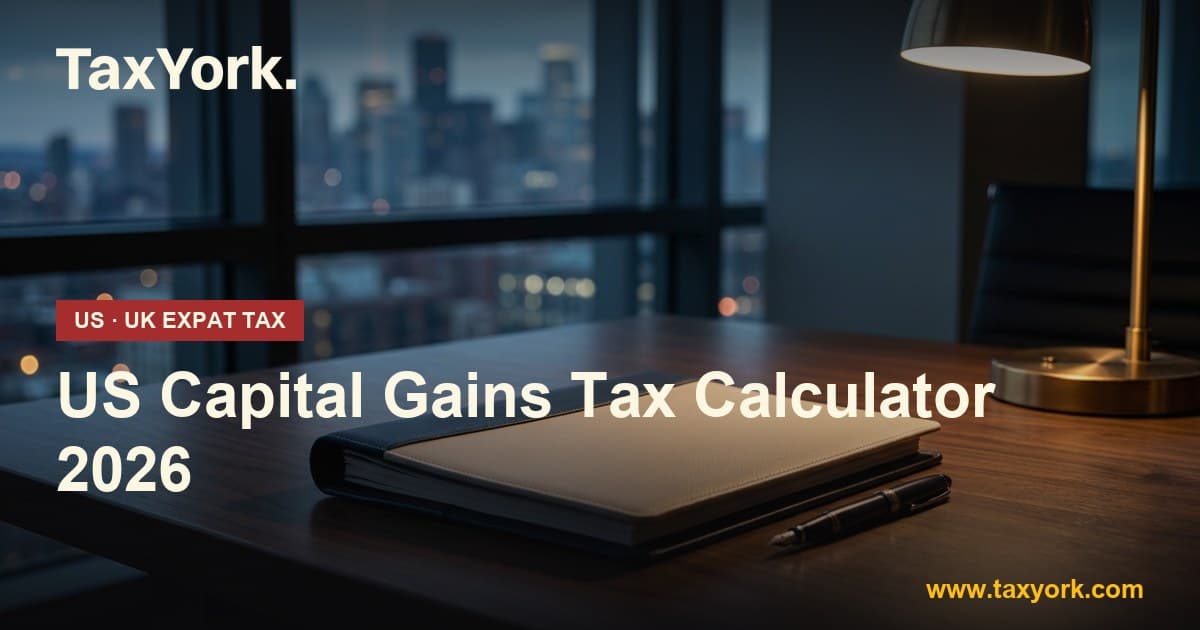US Capital Gains Tax Calculator 2026 showing 0%, 15% and 20% rates and the 3.8% Net Investment Income Tax — TaxYork