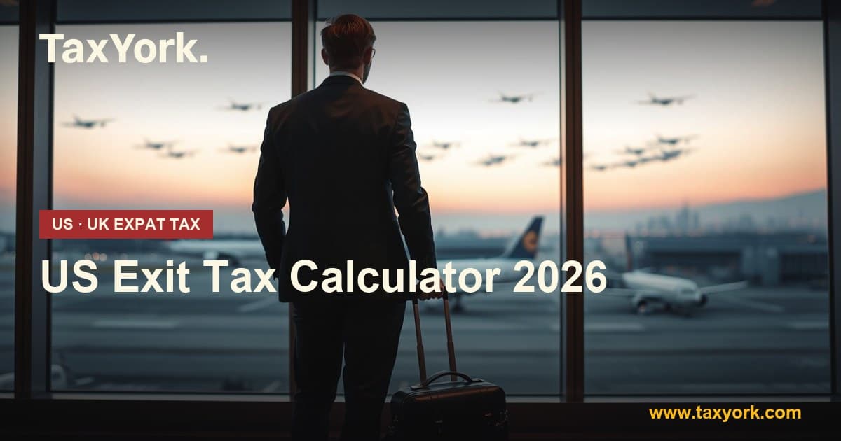 Traveller in a dark suit with a leather carry-on watching aircraft from an airport window at dusk, illustrating the US exit tax calculator for the section 877A expatriation charge — TaxYork